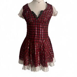 Dream girl Vintage Plaid Gothic Baby doll Dress With Lace Trim Size Medium